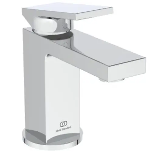 Wascharmatur in Chromfarbe mit einem quadratischen Design und einem seitlichen Hebel. Marke Ideal Standard, geeignet für Waschbeckenmontage.